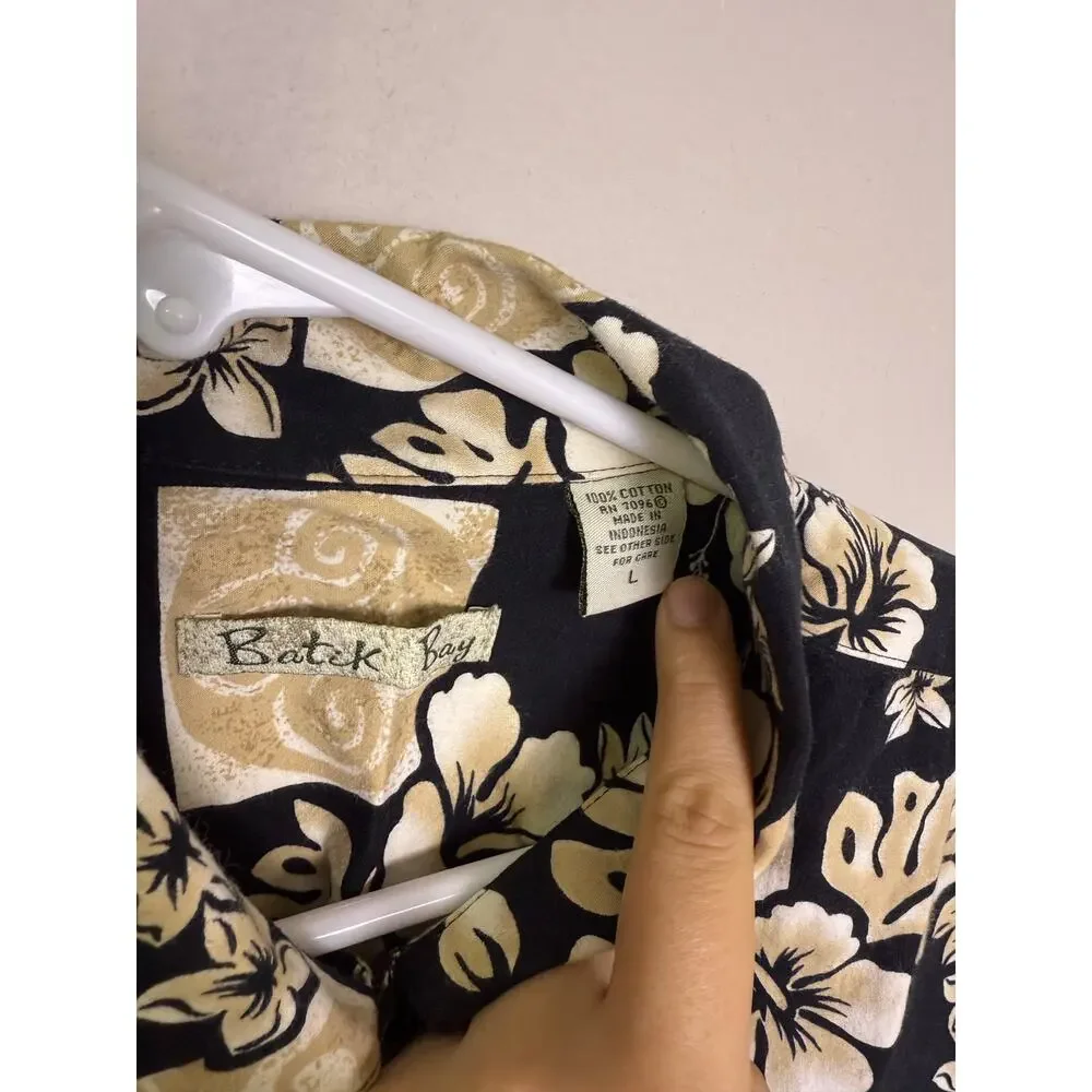 Batik Bay Mens L Hawaiian Short Sleeve Button Up Shirt Black / Tan Hibiscus Sun - Picture 4 of 4